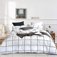 KAREVER White Grid Comforter White Plaid Bedding Set Twin White with Black Li...