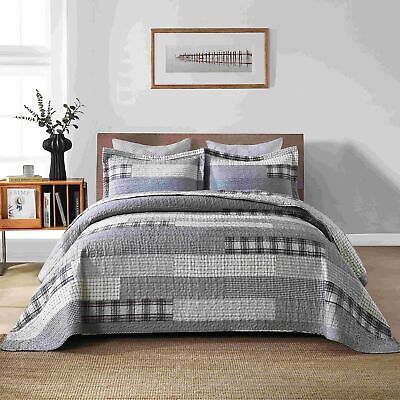 Queen Size Quilt,Patchwork Quilt Bedding Set 100% Cotton Plaid Bedspread Quee...