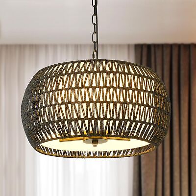 19.5" Farmhouse Chandelier for Dining Room,5-Lights Rattan Large Pendant Ligh...