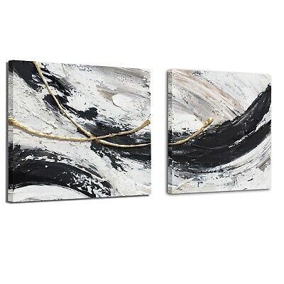 MOUODEWO 100% Hand Painted Black And White Abstract Wall Art, Canvas Wall Bed...