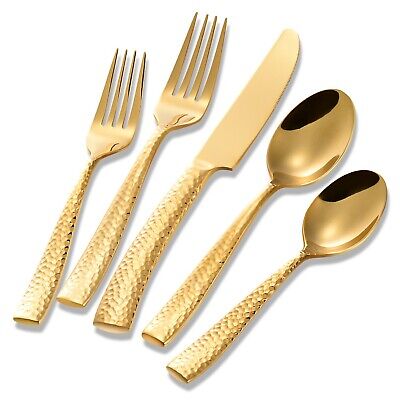 Silverware Set Gold Hammered Pattern Flatware Cutlery Stainless Steel Mirror ...