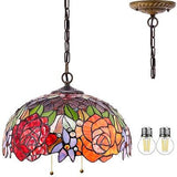 WERFACTORY Tiffany Pendant Light Fixture Red Yellow Rose Stained Glass Hangin...