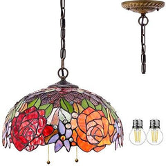 WERFACTORY Tiffany Pendant Light Fixture Red Yellow Rose Stained Glass Hangin...