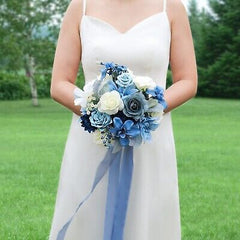 12 Inch Dusty Blue Wedding Bouquet Handmade Navy Artificial Flowers for Rusti...