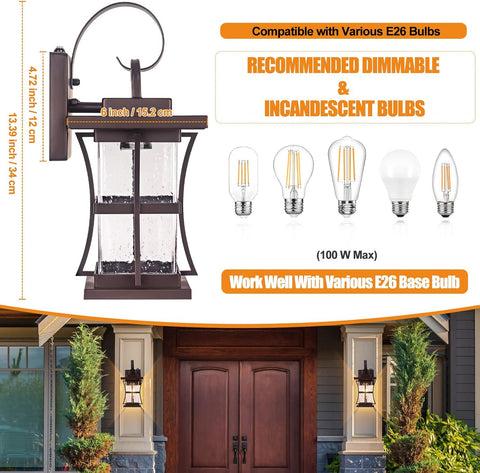 2-Pack Dusk to Dawn Outdoor Lighting - Oil Rubbed Bronze Exterior Porch Light Fixtures Wall Mount, 100% Anti-Rust Brown Outside Wall Sconce, Waterproof Dusk to Dawn Wall Lights for House Garage