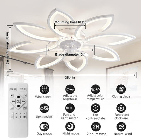35 Modern Ceiling Fan with Lights Remote Control, Low Profile Ceiling Fan with Lights, Flush Mount Smart Ceiling Fan Light for Bedroom Living Room Kitchen, Reversible Blade, White