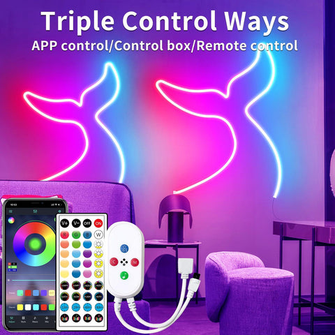 50ft RGB LED Rope Lights with Remote Control APP - 24V Waterproof Flexible LED Strip Lights for Bedrooms, Outdoors