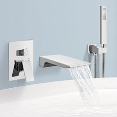 Airuida Chrome Polish Wall Mount Bathtub Faucet With Handheld Shower Sprayer Wall Mounted Tub Filler with Waterfall Spout Modern Single Handle Tub Shower Faucet Set Water Mixer Brass Rough-In Valve