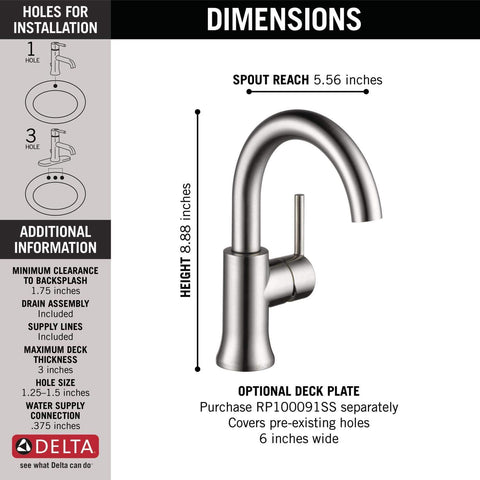 Delta Faucet Trinsic Single Hole Swivel Spout Bathroom Faucet, Brushed Nickel Bathroom Sink Faucet, Single Handle Bathroom Faucet, Diamond Seal Technology, Drain Assembly, Stainless 559HA-SS-DST