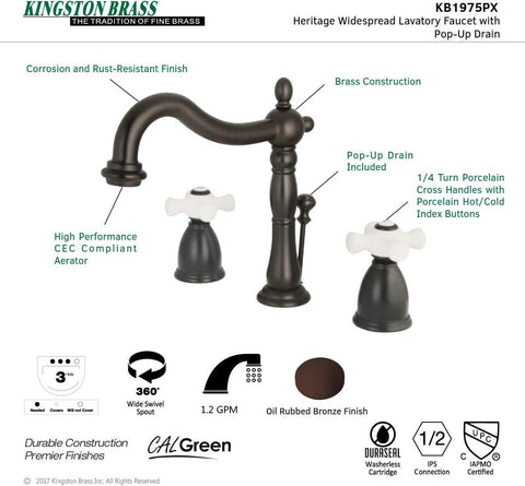 Kingston Brass KB1975PX Heritage Widespread Lavatory Faucet with Porcelain Cross Handle, Oil Rubbed Bronze,8-Inch Adjustable Center
