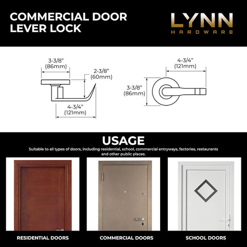 LYNN HARDWARE Commercial Door Lever Lock - Heavy-Duty Locking Door Handle, Designer Door Handles, Cylindrical Lever Lock, Non-Handed Grade 2 Door Handle, Satin Chrome, Entrance(Keyed Alike)