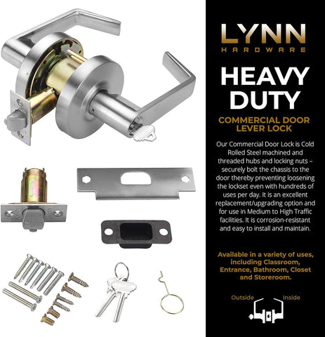 LYNN HARDWARE Commercial Door Lever Lock - Heavy-Duty Locking Door Handle, Designer Door Handles, Cylindrical Lever Lock, Non-Handed Grade 2 Door Handle, Satin Chrome, Entrance(Keyed Alike)