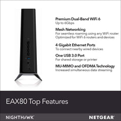 NETGEAR Nighthawk WiFi 6 Mesh Range Extender EAX80 - Add up to 2,500 sq. ft. and 30+ devices with AX6000 Dual-Band Wireless Signal Booster and Repeater (up to 6Gbps speed), plus Smart Roaming