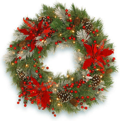National Tree Company Pre-Lit Artificial Christmas Wreath, Green, Tartan Plaid, White Lights, Decorated with Frosted Branches, Pine Cones, Berry Clusters, Flowers, Christmas Collection, 30 Inches