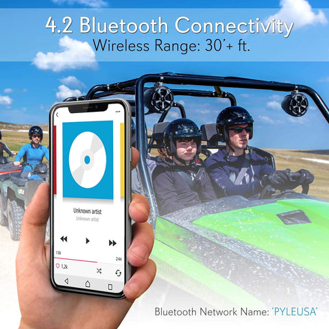 Pyle 4 Off-Road Bluetooth Waterproof Speakers -800W Peak Power Amplified Speaker System for ATV / UTV, Golf Cart, Boat, Aux Input Jack, For use w/all 12V Vehicles - PLUTV43BTA, Black