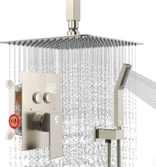 SR SUN RISE Shower System with Push Button Diverter, Ceiling Mounted Luxury 10 Inch Rain Shower Head with Handheld Spray, High Pressure Shower Faucet Combo Set with Rough-in Valve, Brushed Nickel