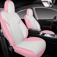 Tapha Faux Leather Seat Cover Set for Tesla Model Y 2020-2022, Breathable and Water-Resistant, Include Seat Covers for Front and Rear Seats (White/Pink)