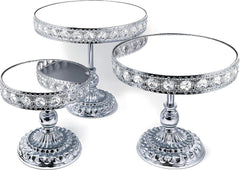 allgala 3 Piece Set Crystal Silver Chrome Plated Cheese Dessert Cupcake Cake Stand with Mirror Plate-Silver Round with Bases-HD89209