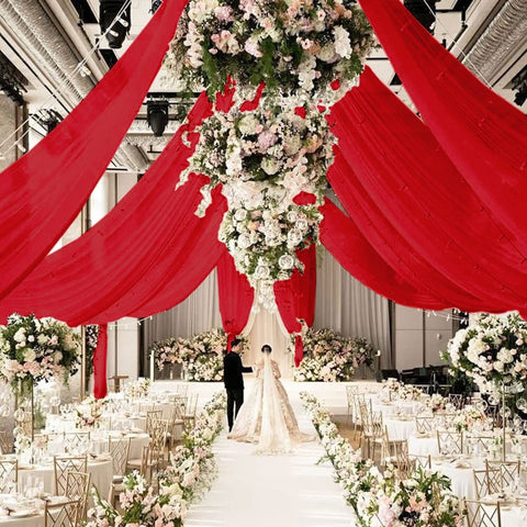 Ceiling Drapes for Weddings Red Sheer Draping Fabric 5x15FT 4 Panels Chiffon ...