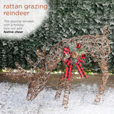 Rattan Grazing Reindeer with Bow and LED Lights D&#233;cor 27" H - Reindeer w/ L