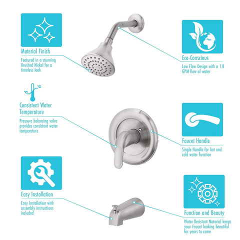 Aqua Vista 10TS1-BN-AV Lever Tub and Shower Faucet Trim Kit, Brushed Nickel S...