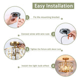 MEXO Gold Finish 3LT Crystal Semi Flush Mount Ceiling Light Fixture, Cylinder...