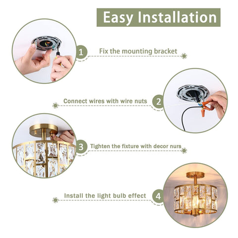 MEXO Gold Finish 3LT Crystal Semi Flush Mount Ceiling Light Fixture, Cylinder...
