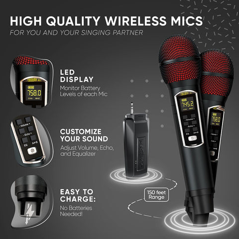 MASINGO 2 Wireless Karaoke Microphones with Integrated Bluetooth Receiver - C...