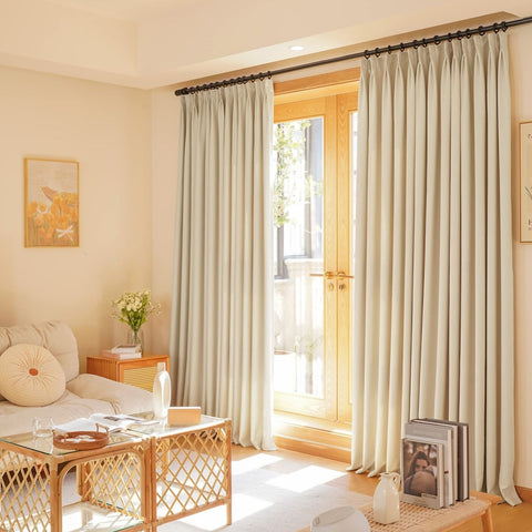 HUTO Beige Pinch Pleated Curtains 84 Inches Long Window Treatment for Bedroom...