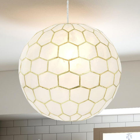 Creative Co-Op Gold Honeycomb Globe Pendant Light, Capiz White Seashells with...