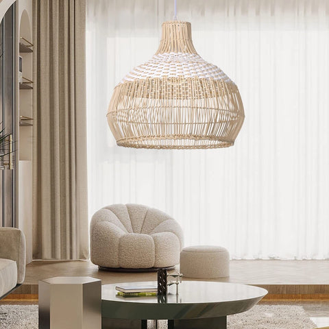 Arturesthome 1 Light White Handwoven Rattan Boho Pendant Light, Wicker Hangin...
