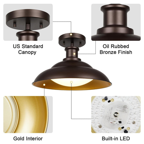 Barn Style Semi Flush Mount Ceiling Light, 16 Inch LED Dimmable Ceiling Light...