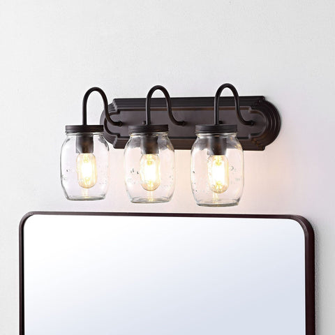 JONATHAN Y JYL7801A Gaines 3 Light Farmhouse Industrial Iron Mason Jar LED Va...