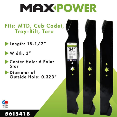 MaxPower 561541B 3 Blade Set for 54 in. Cut MTD, Cub Cadet, Troy-Bilt Mowers,...