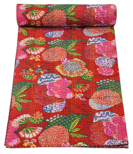 Marubhumi Indian Handmade Stitched Pure Cotton Fruit Print Kantha Quilt, Reve...