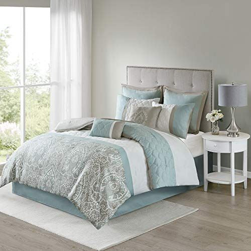 510 DESIGN Luxe Quilted Comforter Set Modern Queen, Scrollwork Seafoam