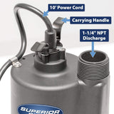 Superior Pump 92330 1/3 HP Thermoplastic Submersible Sump Pump with Tethered ...