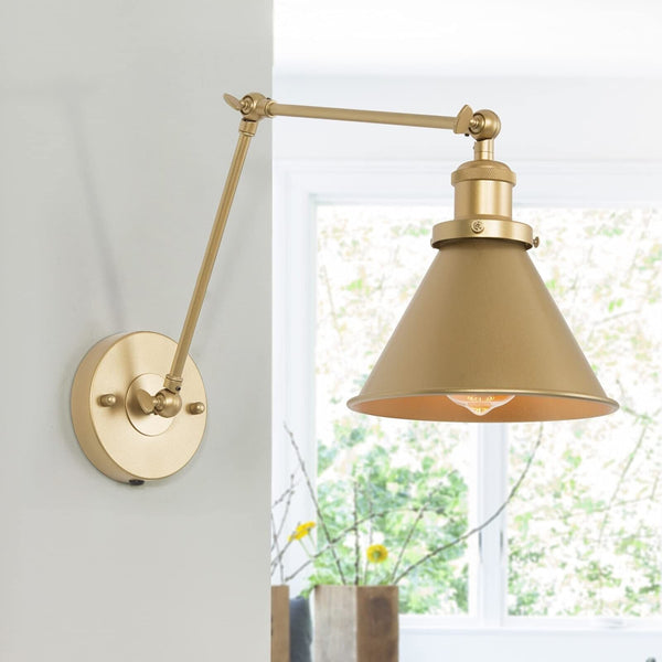 Gold Wall Sconce Lighting, Plug in or Hardwired Swing Arm Wall Lamp, Adjustab...