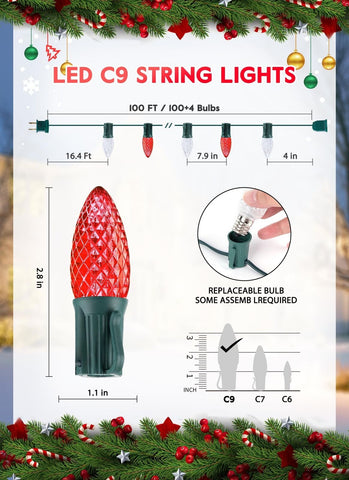 100 Feet Commercia Led Outdoor Christmas Lights, Waterproof C9 Christmas Stri...