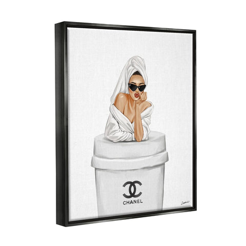 Stupell Industries Girl in Robe Morning Coffee Black Framed Floater Canvas Wa...