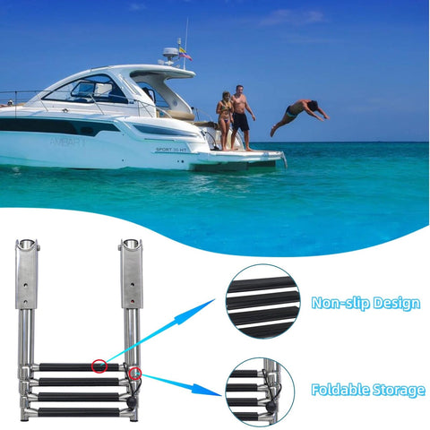 Boat 4 Step Ladder 316 Stainless Steel Folding Ladde, Pontoon Boat Telescopin...