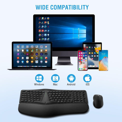 Ergonomic Wireless Keyboard Mouse Combo, EDJO Bluetooth/2.4G Dual Channel, Sp...