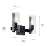 KICHLER Jemsa 2 Light Vanity, Modern Light with Clear Fluted Glass in Black f...