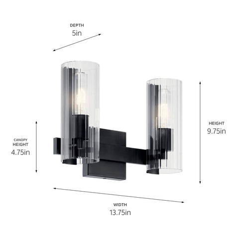 KICHLER Jemsa 2 Light Vanity, Modern Light with Clear Fluted Glass in Black f...