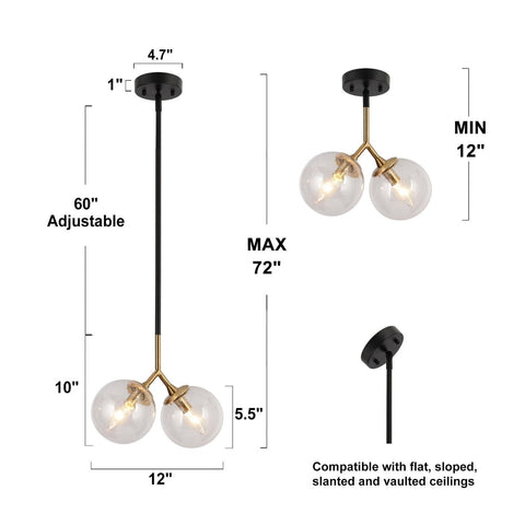 KSANA Black and Gold Pendant Lights, Modern 2-Light Globe Chandelier Lighting...