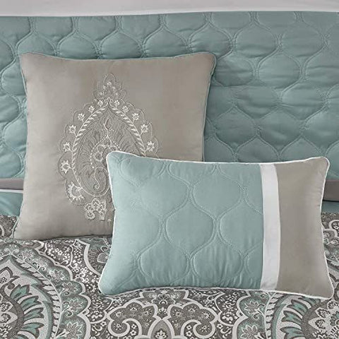 510 DESIGN Luxe Quilted Comforter Set Modern Queen, Scrollwork Seafoam