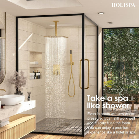 Ceiling Mount Shower Faucet Set, Gold Shower System with 10-Inch Rain Shower ...