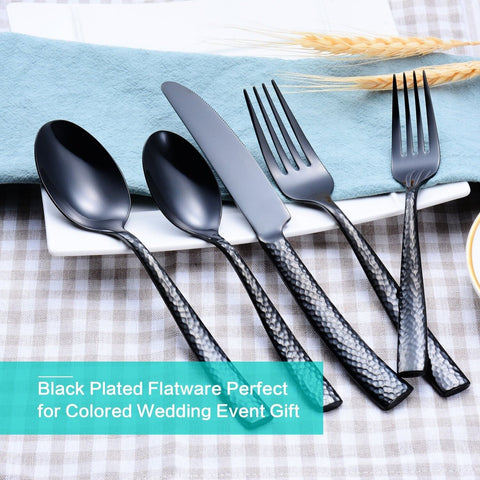 Silverware Set Black Hammered Pattern Flatware Cutlery Stainless Steel Utensi...