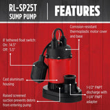 Red Lion RL-SP25T 115-Volt, 1/4 HP, 2900 GPH Aluminum and Thermoplastic Sump ...