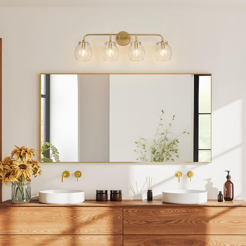 KSANA Gold Bathroom Vanity Light Fixtures 4-Light Wall Sconce Seeded Glass Wa...